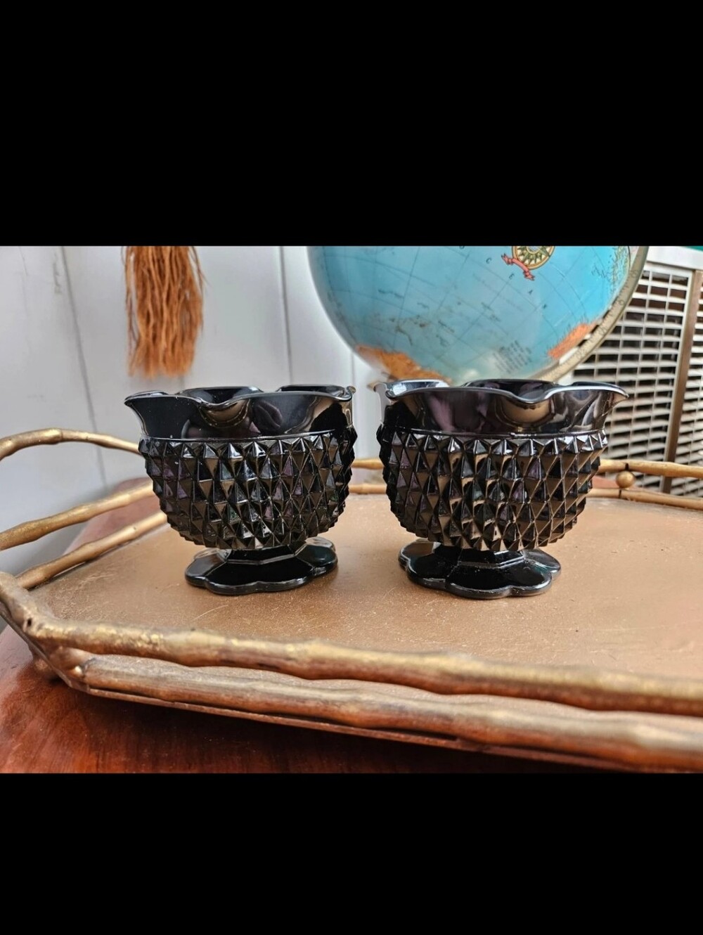 Indiana Glass Tiara Cameo Black Diamond Point Candle Holder Set Of 2